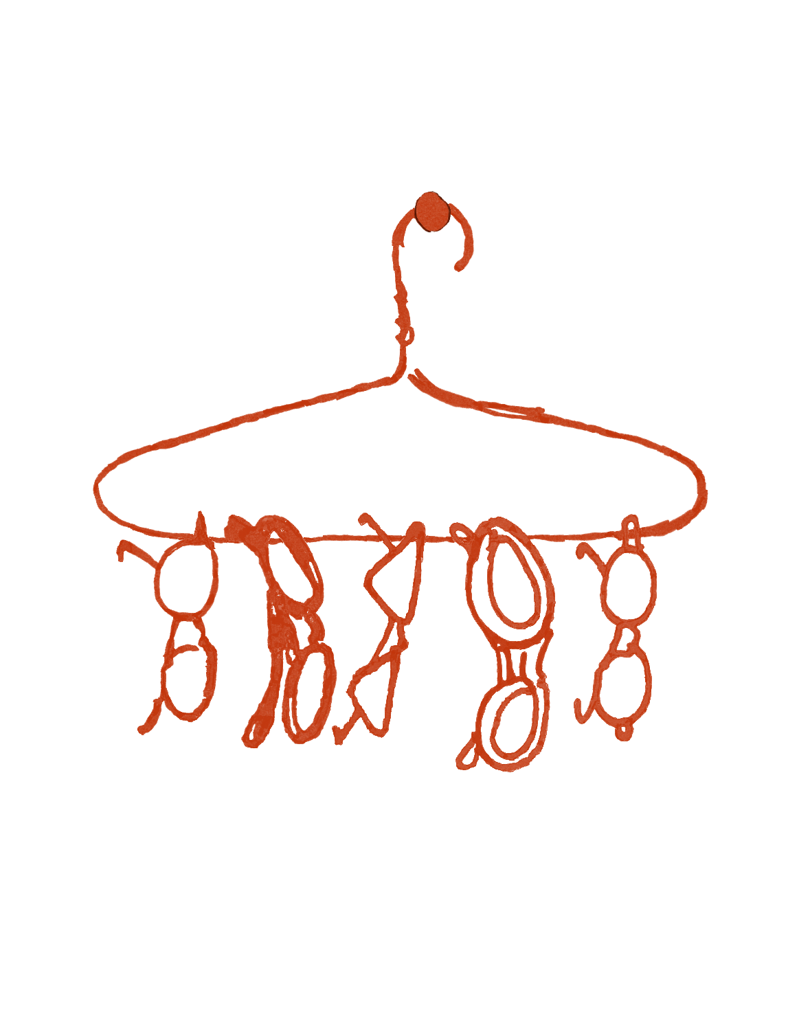 A hanger with five pairs of glasses hanging from it.